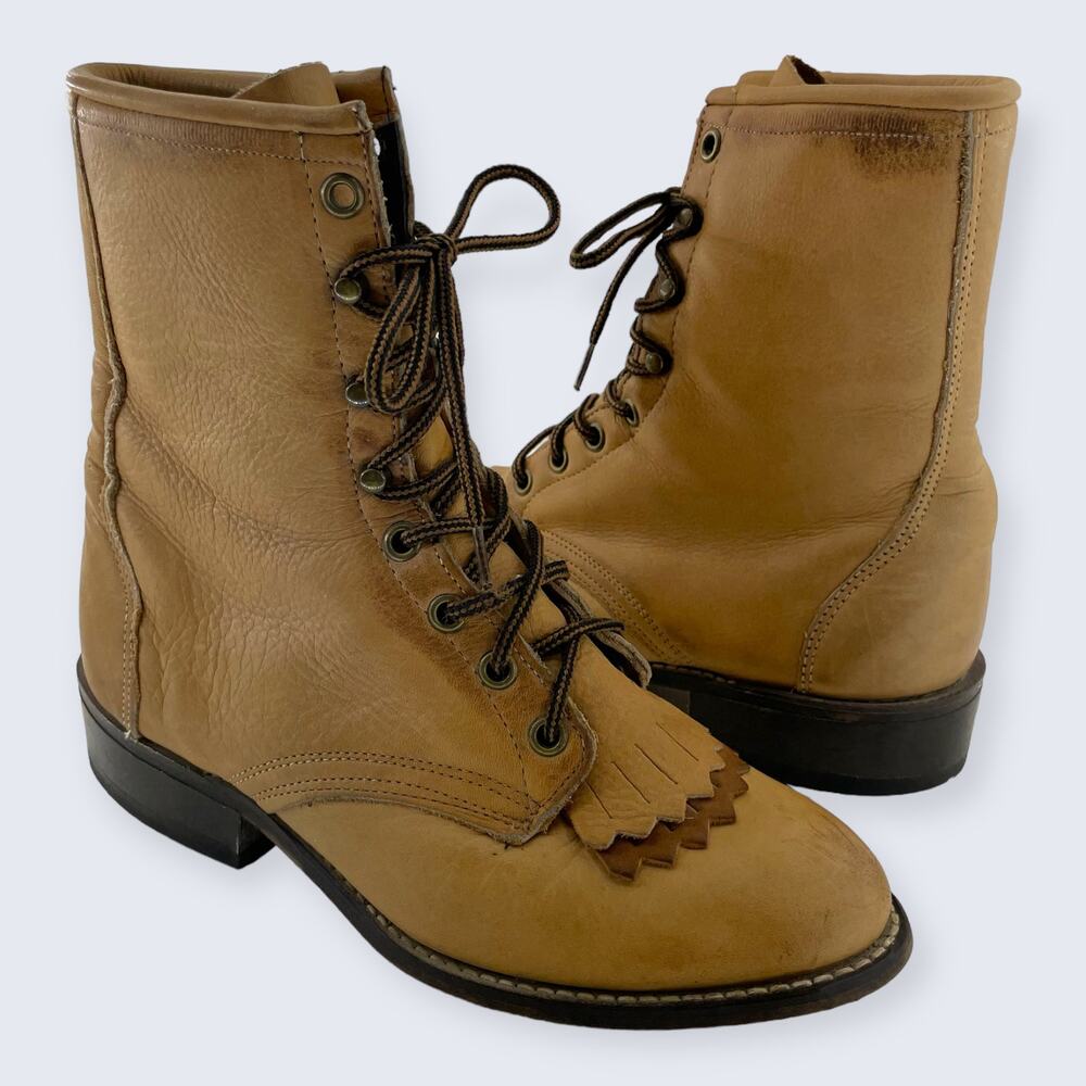 Laredo Tan Leather Kiltie Lace Up 1.5" Heel Western Roper Boot 118 56156 6